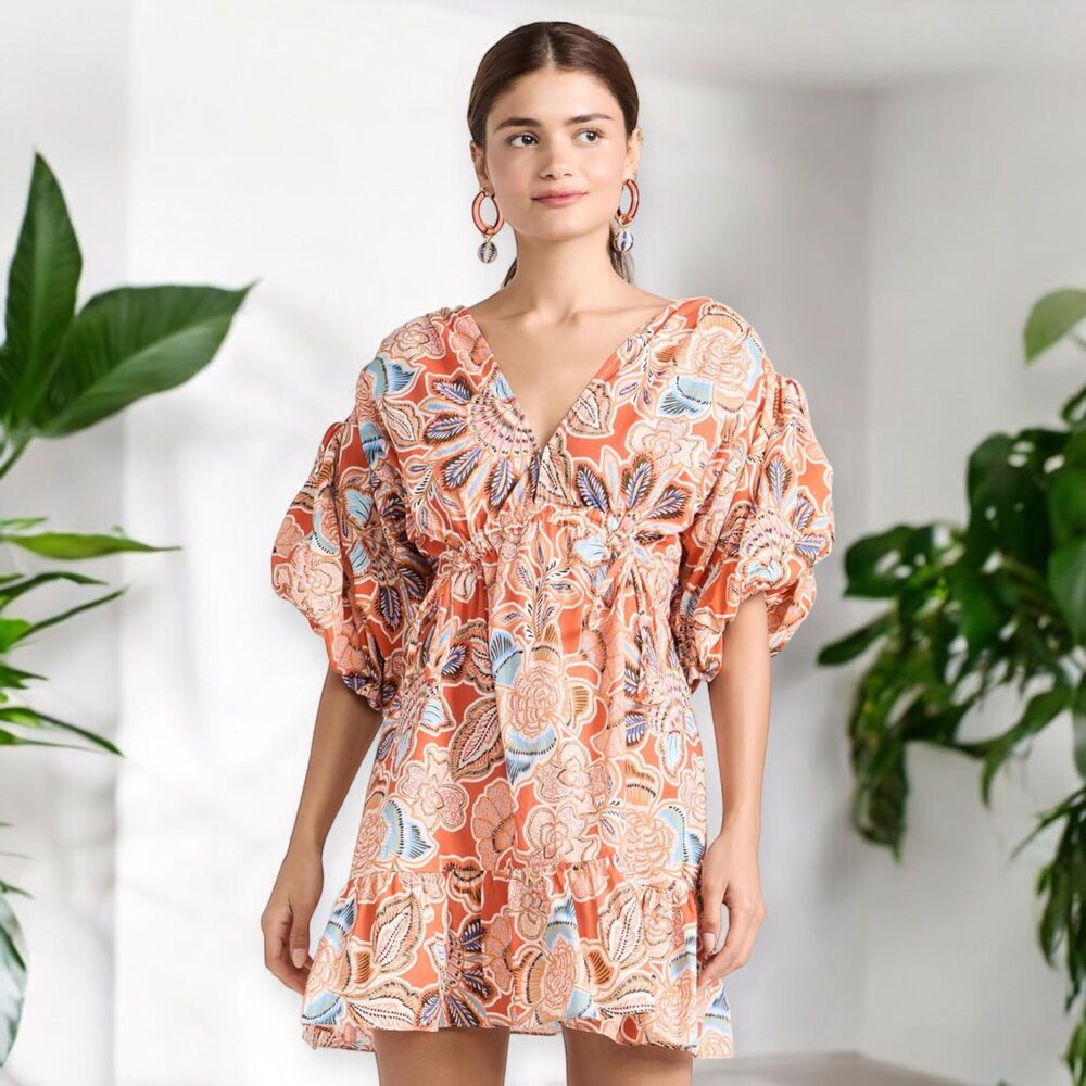 Misa Los Angeles Sari Floral Poplin Balloon Sleeve Mini Dress Size Small NWT